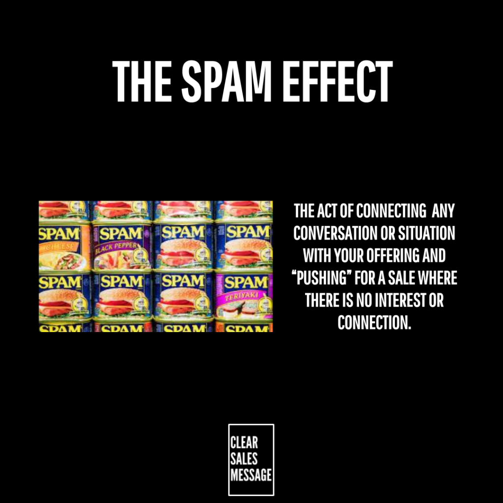 The spam effect Infographic on the spam effect black background large white title left image of spam cans right bold text about pushing for a sale with a small clear sales message logo bottom