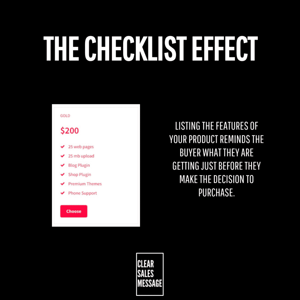 The checklist effect Bold headline the checklist effect with a pricing card on the left and a persuasive message on the right against a black background