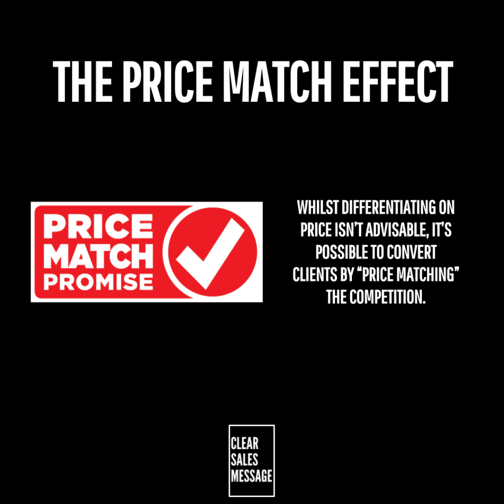 The price match effect Slide titled the price match effect with the red price match promise logo and text about converting clients by price matching on a black background