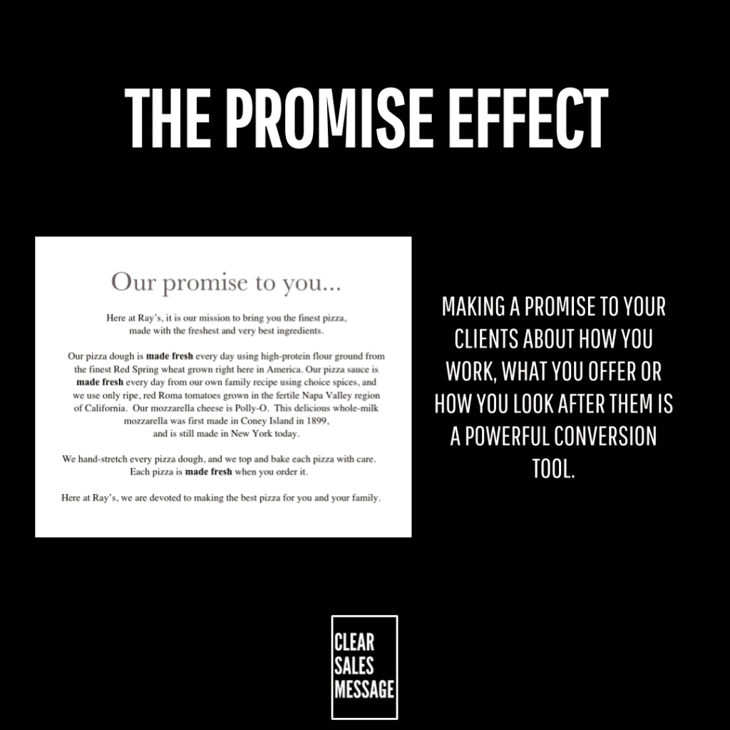 Black marketing infographic titled the promise effect with two panels left shows a white card our promise to you  and text right shows bold message about promising to clients a small clear sales message logo sits below