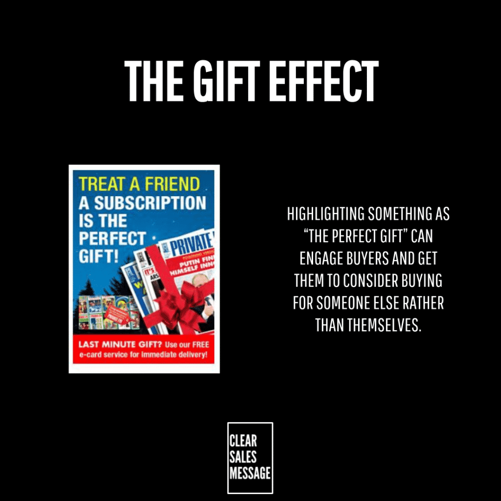 The gift effect 1 Slide titled the gift effect with a gift themed magazine cover on the left and a right side text block about the perfect gift persuading buyers on a black background small clear sales message logo at bottom center