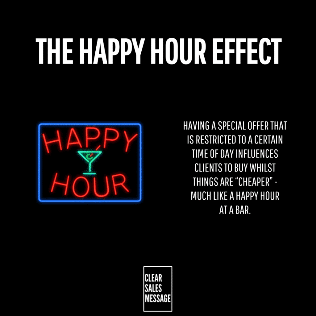 Black background with the title the happy hour effect neon happy hour sign on the left and a right side paragraph about time limited offers small clear sales message logo at the bottom center