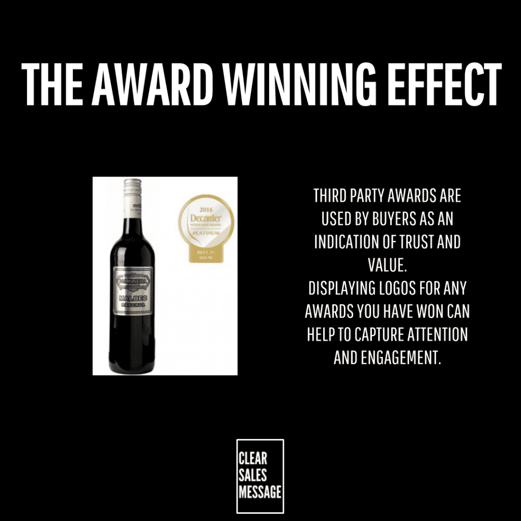 Marketing poster titled the award winning effect on a black background left side shows a wine bottle with an award seal right side describes how thirdparty awards build trust and value and boost attention bottom displays the clear sales message logo