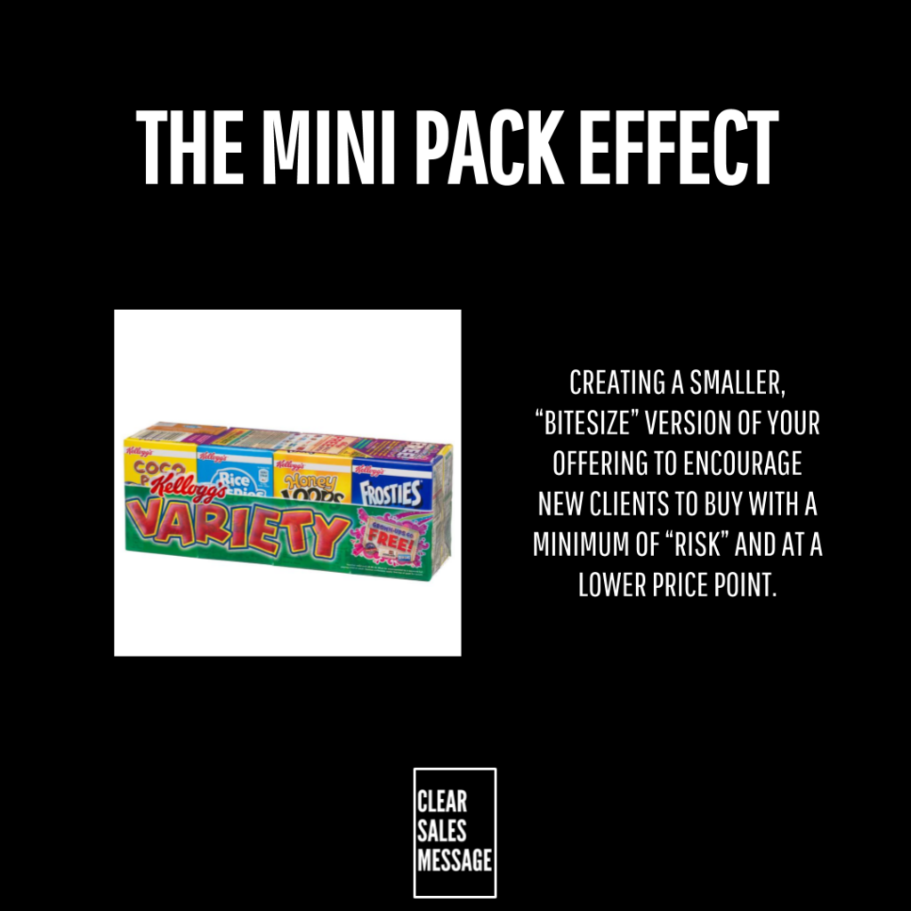 The mini pack effect Infographic titled the mini pack effect left shows a snack variety pack image right side explains offering smaller bitesized deals to attract new clients bottom shows clear sales message logo
