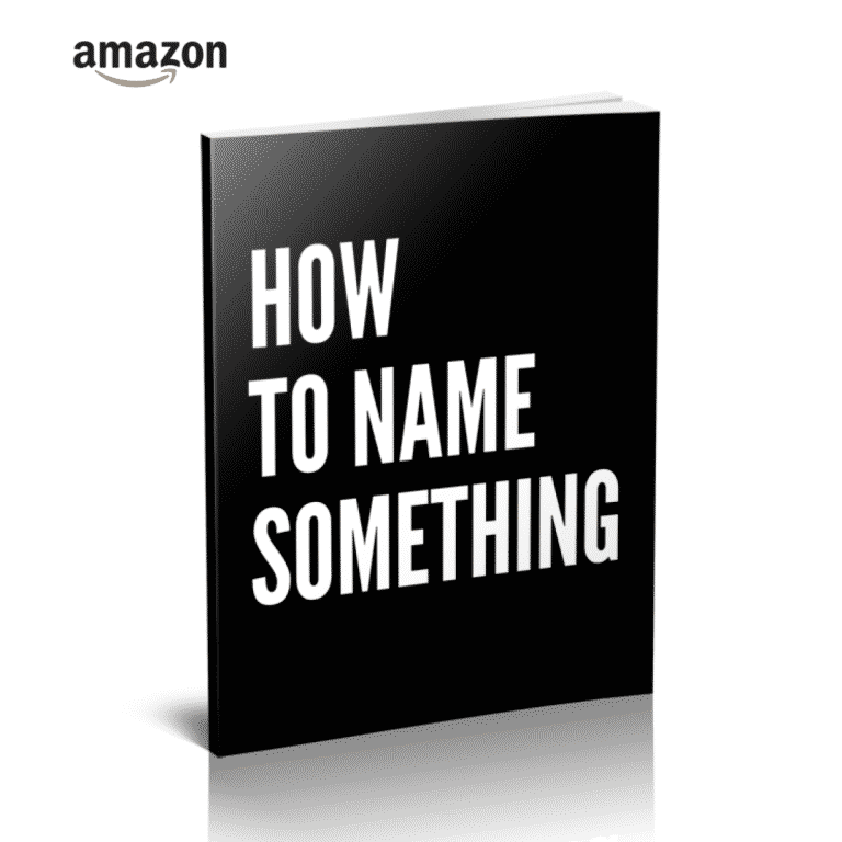 Amazon branded book cover titled how to name something in bold white letters on a black background angled perspective