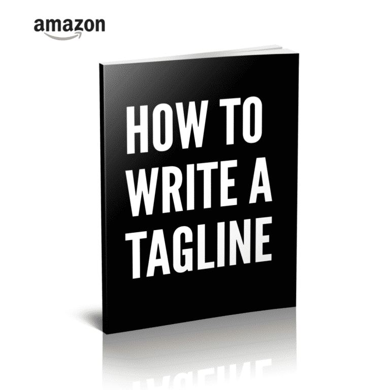 Book cover reading how to write a tagline on a black 3d cover with an amazon logo in the top left corner reflected on the floor