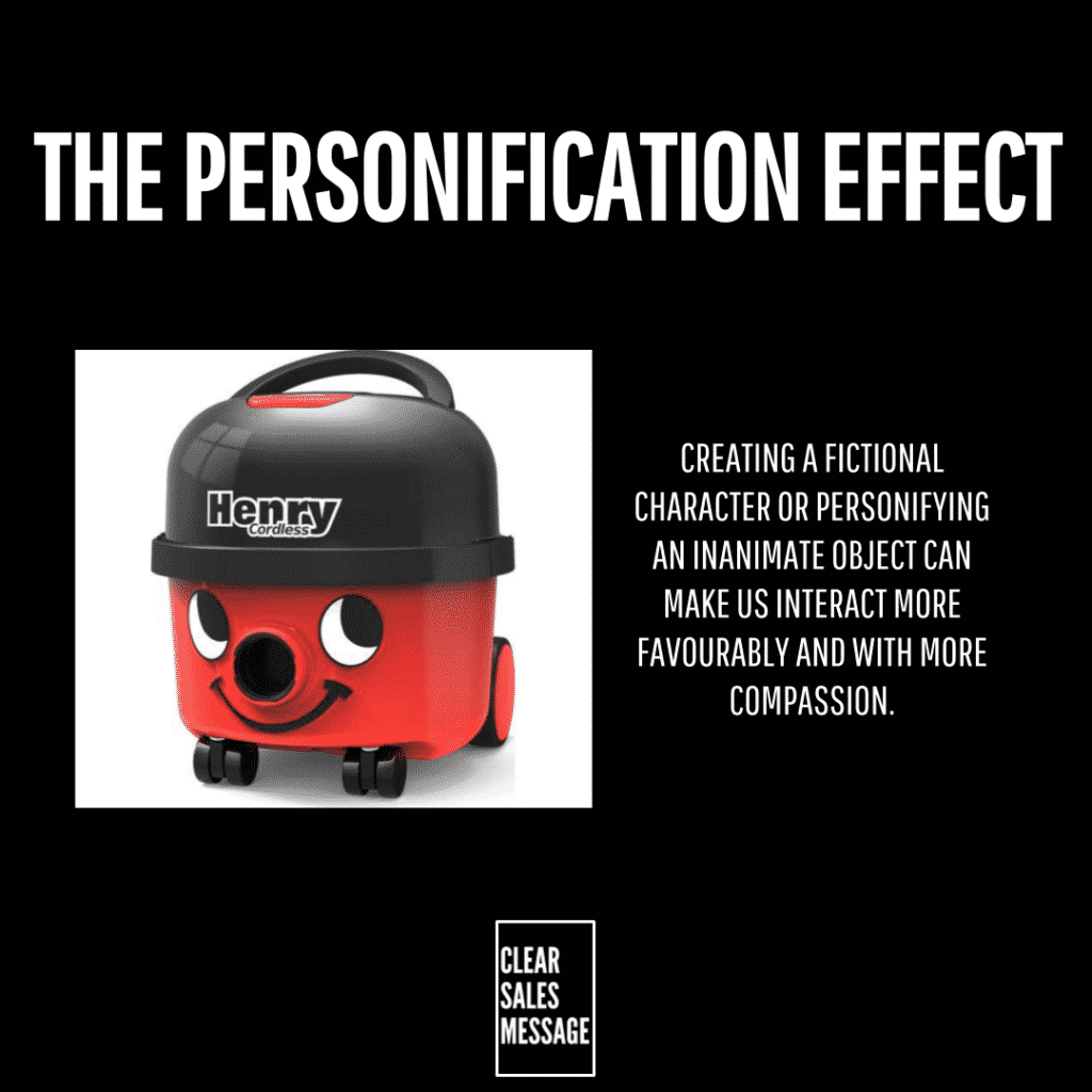 The personification effect Poster titled the personification effect on a black background with a red henry vacuum image on the left and a paragraph about personifying objects increasing compassion on the right