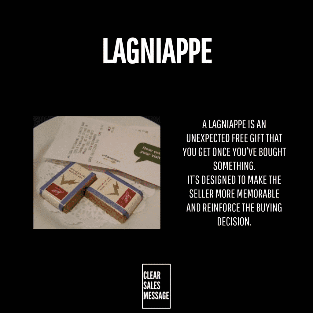 Black page with the title lagniappe in white left shows two wrapped chocolates on a plate right explains lagniappe as an unexpected free gift given after purchase