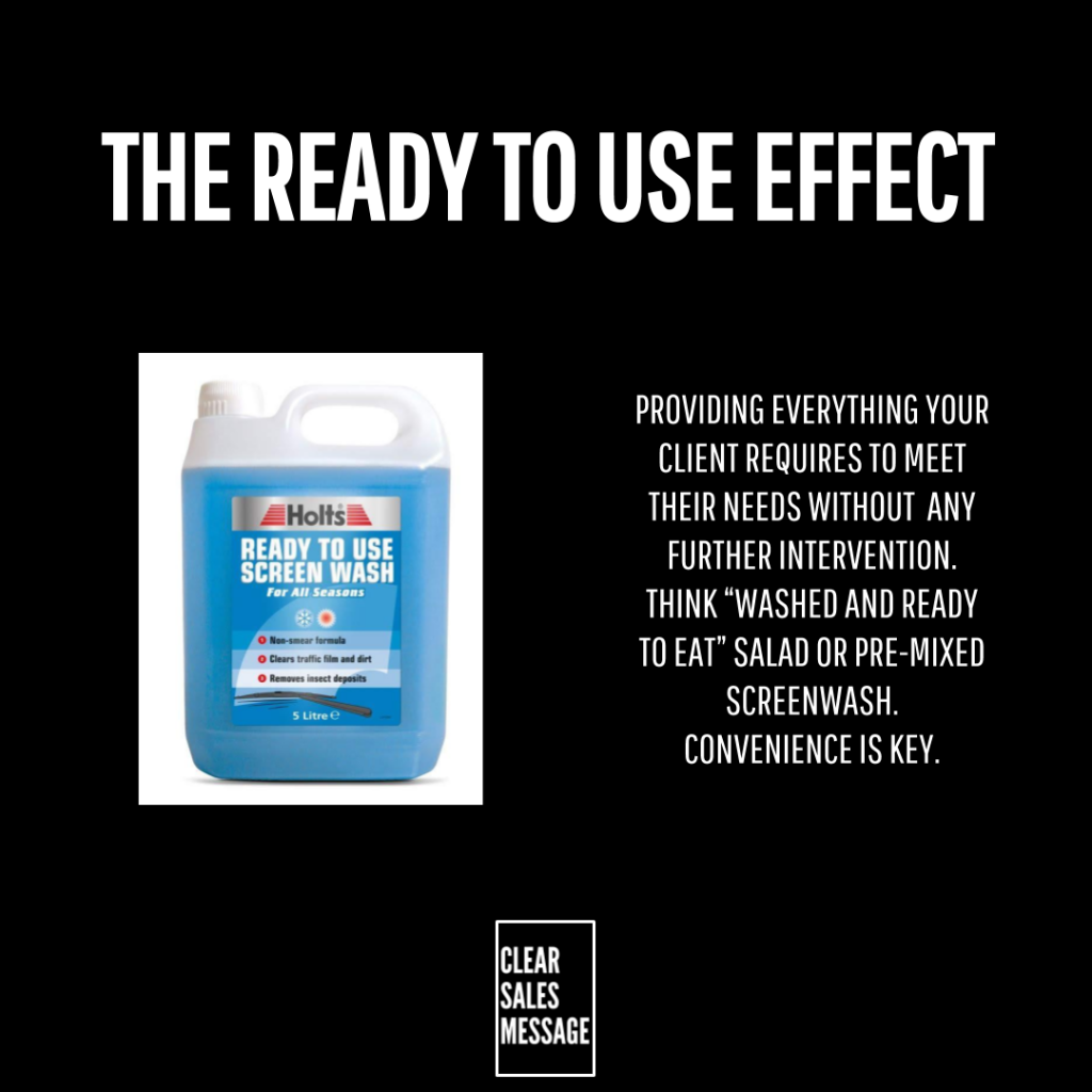 Headline the ready to use effect over a black background left shows a blue 5l bottle of holts ready to use screen wash right features a block of white text describing convenience small clear sales message logo at bottom center