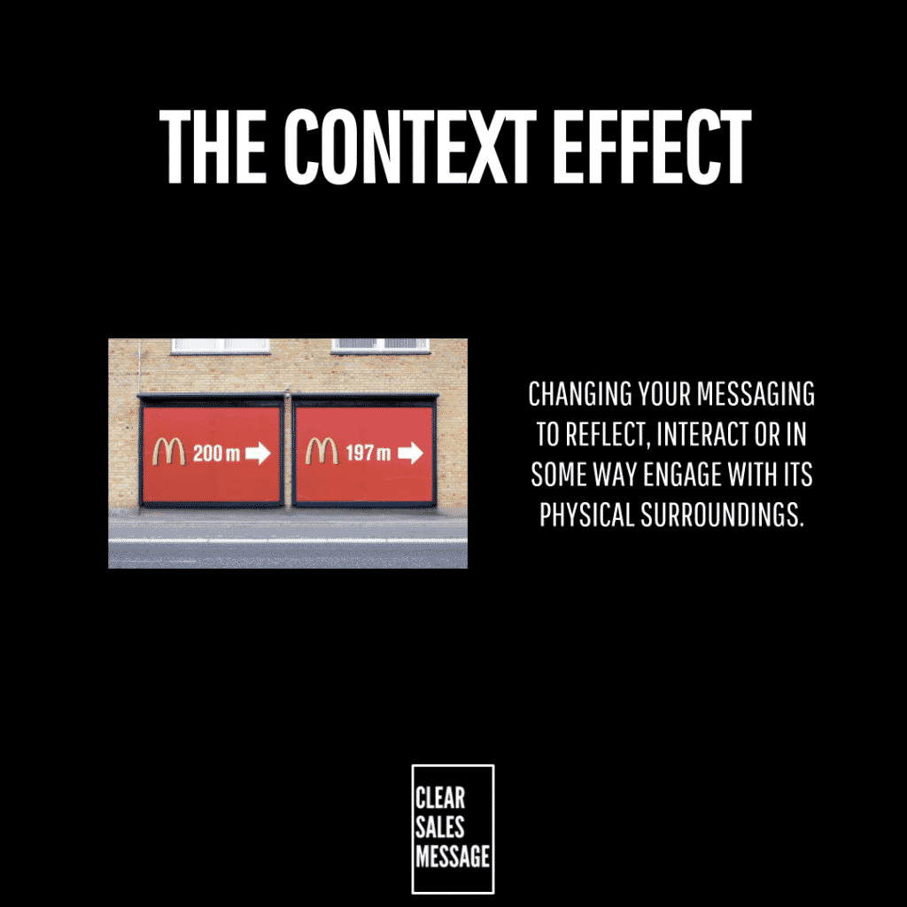 The context effect 2 Slide titled the context effect with a left photo of mcdonalds distance arrows and a right block of text about adapting messaging to surroundings bottom clear sales message logo