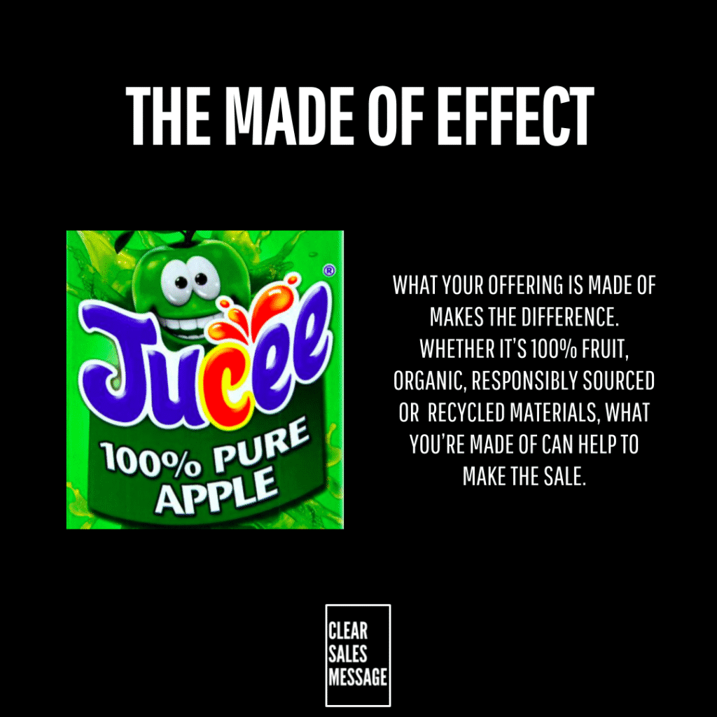 Promotional banner title the made of effect on black background left a 100 apple juice carton right a bold paragraph about what your offering is made of bottom clear sales message badge