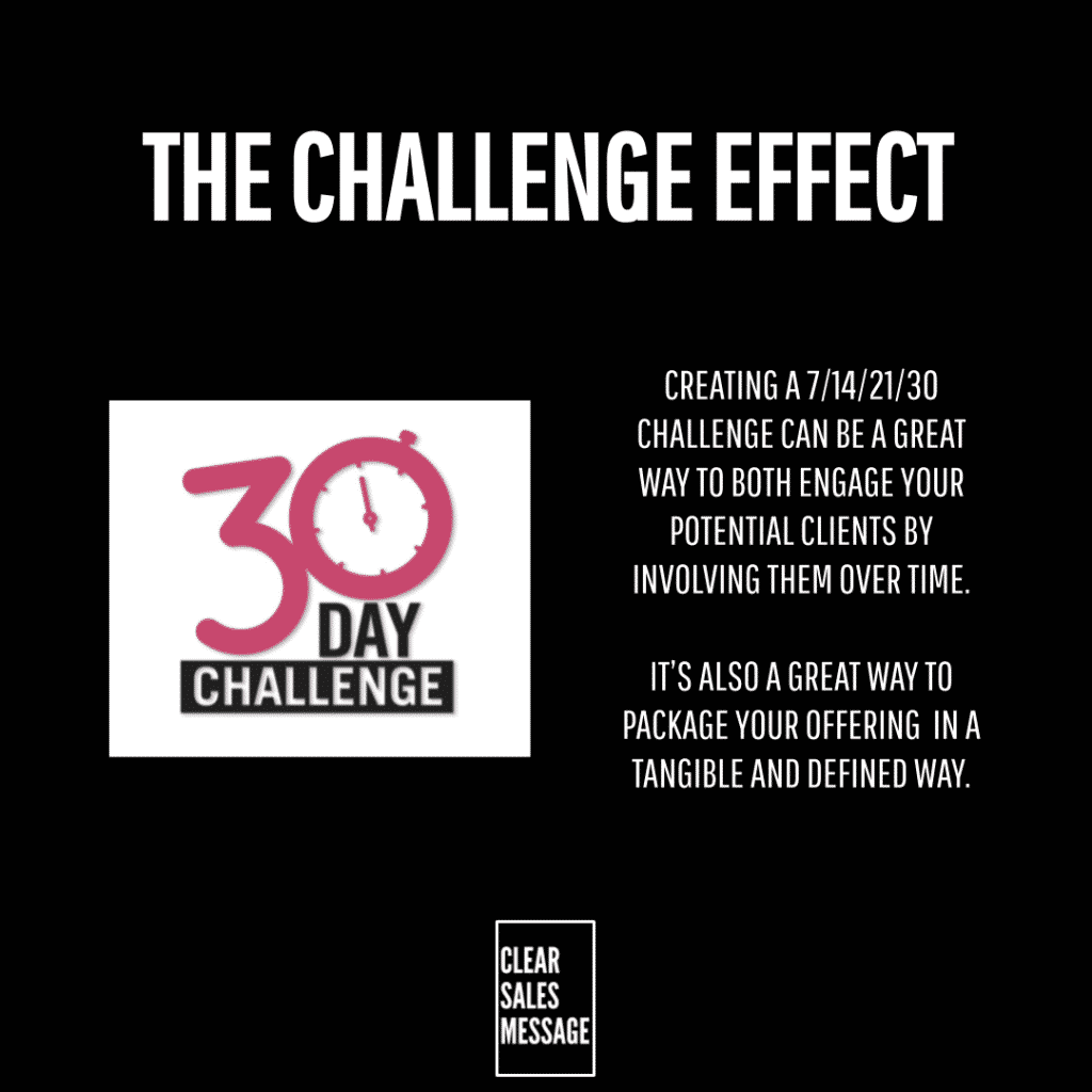 The challenge effect The challenge effect black background with a white title left shows a pink 30 day challenge logo right side has text about a 7142130 challenge to engage clients bottom small clear sales message logo