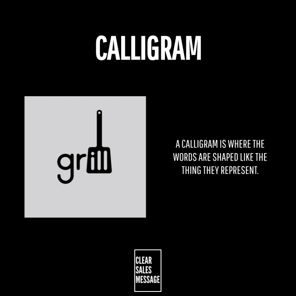 Black poster about calligrams large white calligram title at top gray square with a grillspatula logo on left explanatory white text on the right and a white outlined clear sales message box at the bottom
