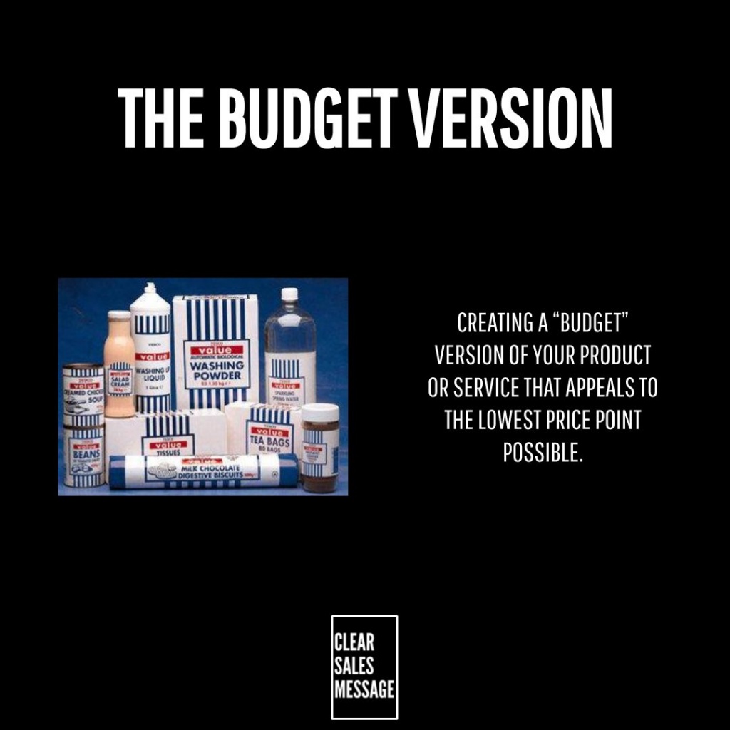 Slide with black background left collage of blue striped household products right bold text about creating a budget version logo at bottom