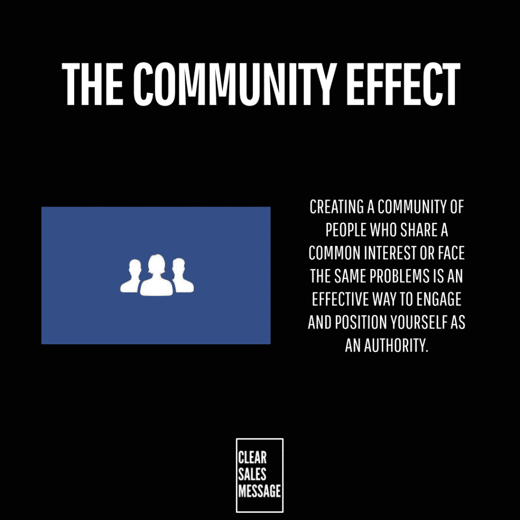The community effect Poster style graphic titled the community effect with a blue square icon of three people on the left and a right hand paragraph about building a community a white outlined clear sales message badge at the bottom