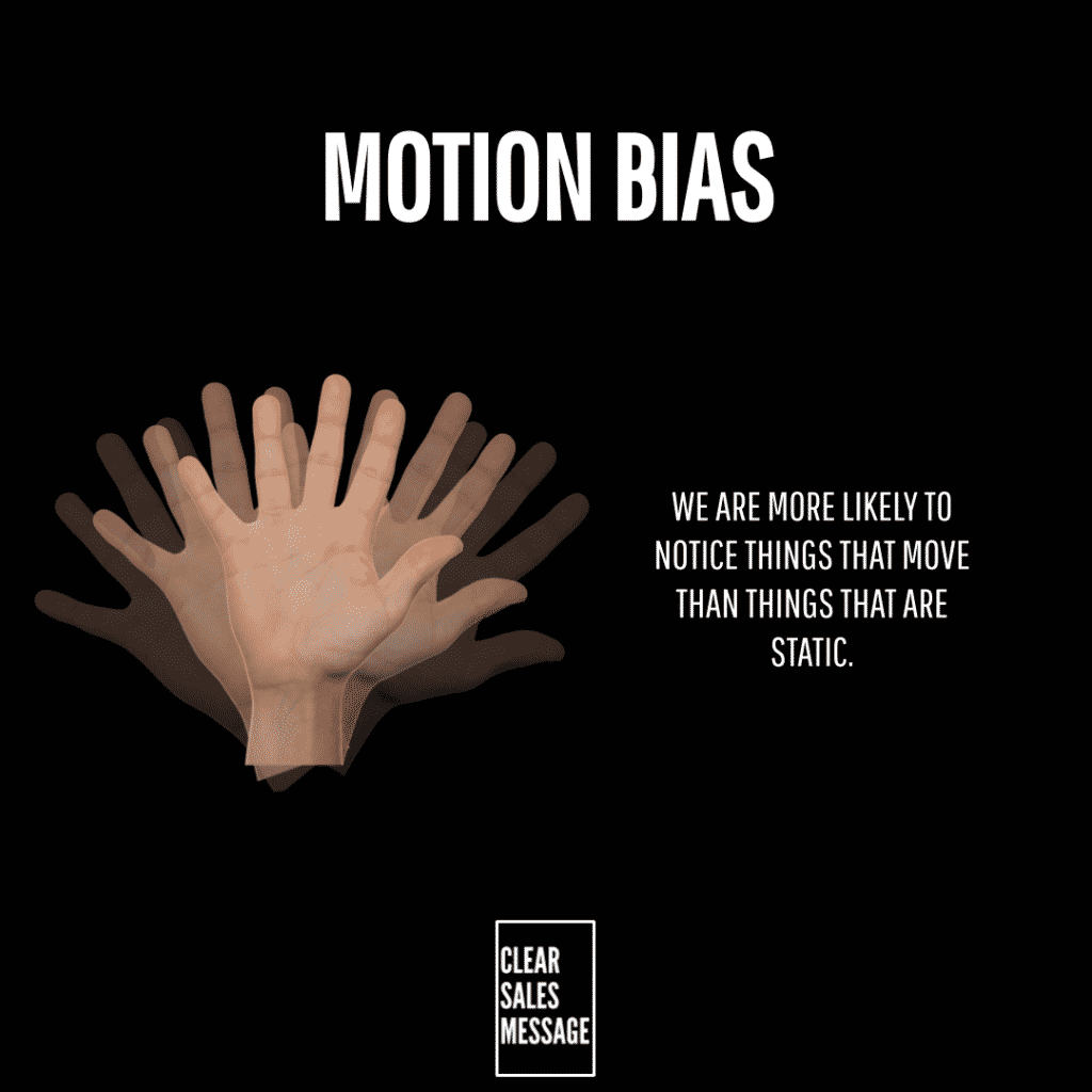 Poster about motion bias overlapping semi transparent hands in motion on a black background with the accompanying quote about noticing moving things versus static ones
