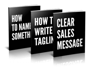 Three black book spine boxes with bold white titles how to name something how to write taglines and clear sales message