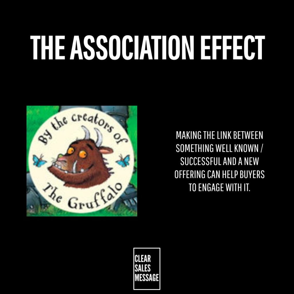 Slide titled the association effect left gruffalo creators logo right explanation about linking well known offerings to new ones bottom shows clear sales message logo