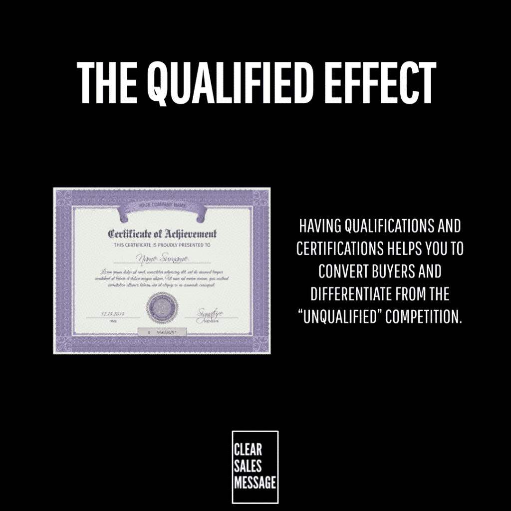 The qualified effect Marketing slide bold title the qualified effect with a certificate image on the left and explanatory text on the right against a black background
