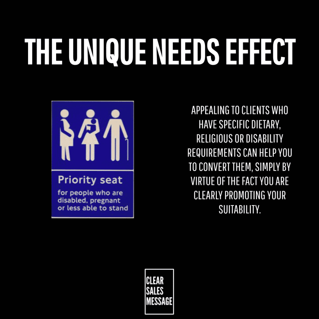 Poster style graphic with the headline the unique needs effect a blue priority seat accessibility sign on the left text about dietary religious or disability needs on the right and a small clear sales message box at the bottom center