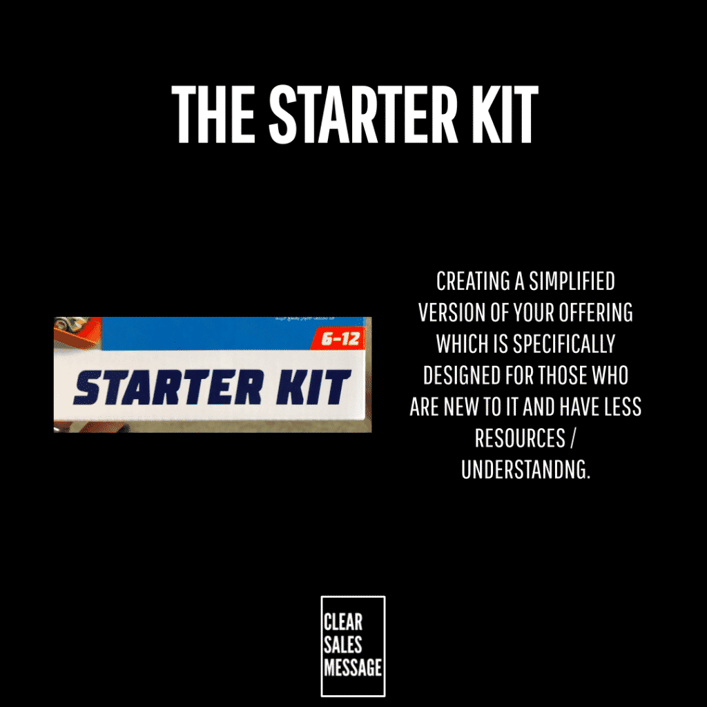 Hero section on black background large the starter kit title with a right side block of text about creating a simplified offering a small starter kit image on the left and the clear sales message logo near the bottom