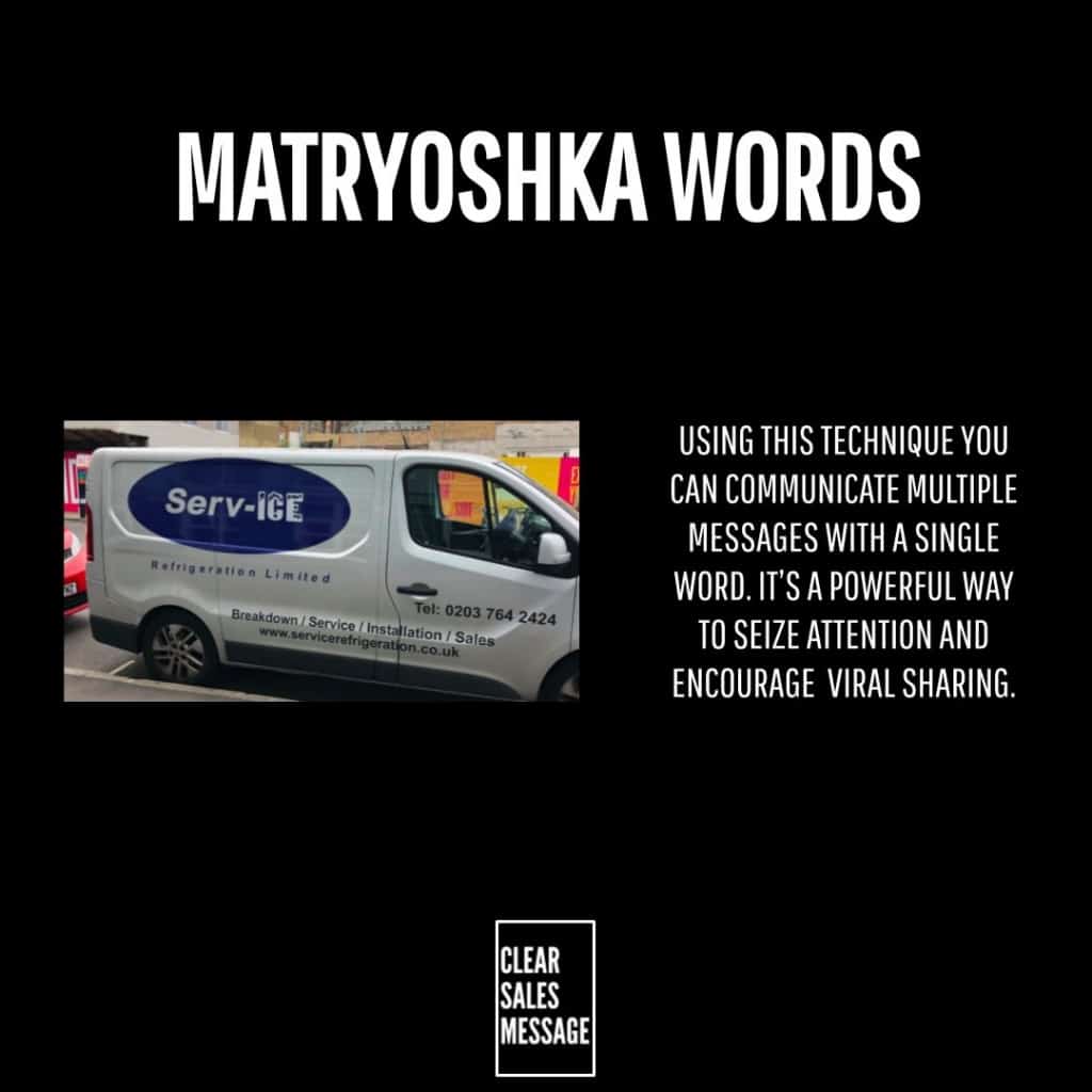 Matryoshka words 1 Matryoshka words infographic on a black background left shows a white service van right contains bold explanatory text bottom displays the clear sales message logo