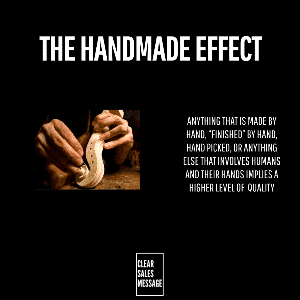 Hero image promoting handmade quality bold title the handmade effect with a hands on crafting photo and a paragraph about handmade finish on the right bottom logo clear sales message
