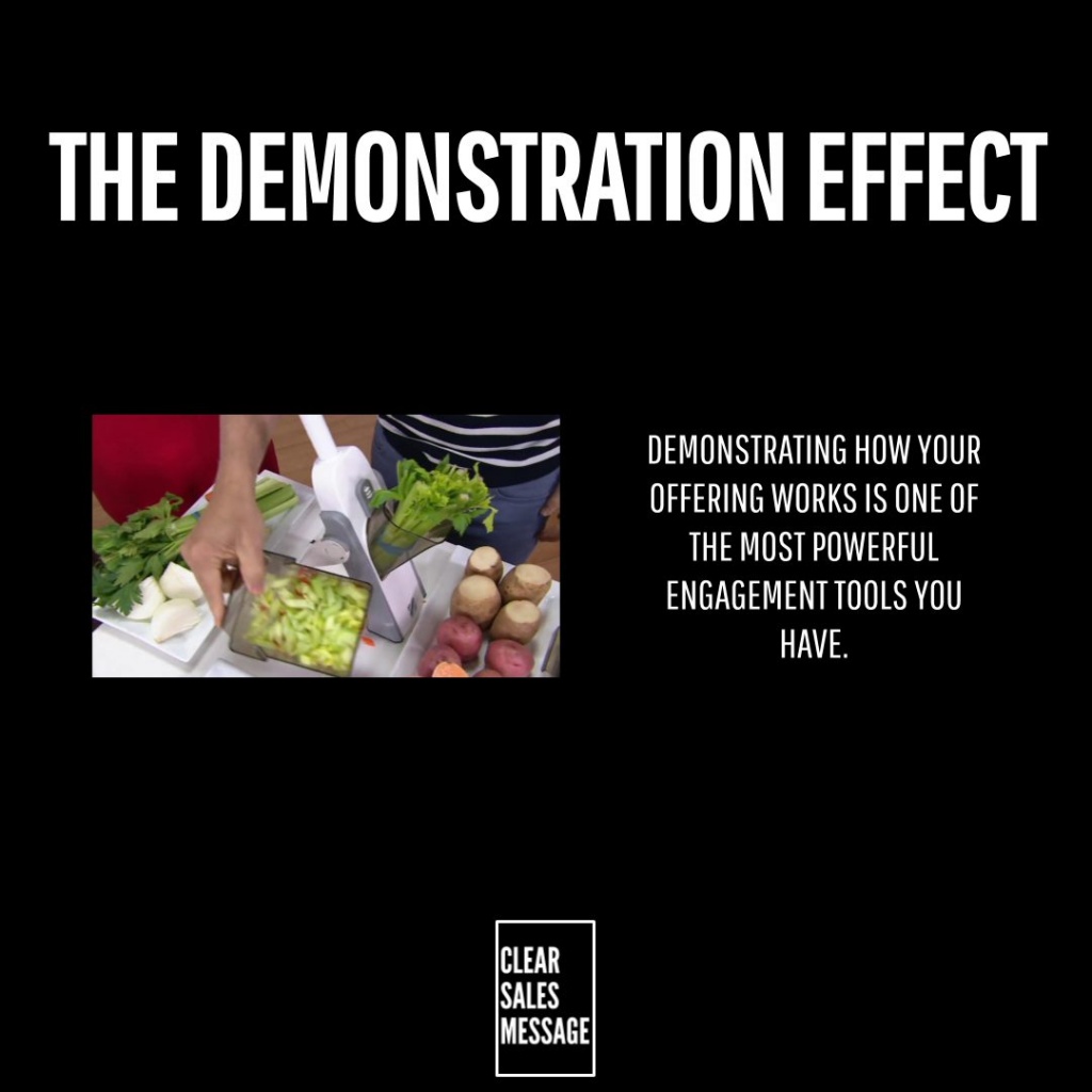 Slide with title the demonstration effect left shows a vegetable chopping demo right contains text about showing how offerings work bottom logo visible