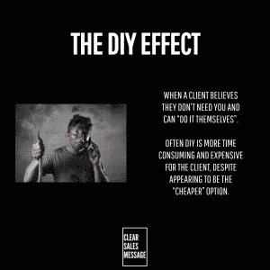 The diy effect Slide with black background and the diy effect title left is grayscale photo of a man holding a torch right shows text about clients doing it themselves bottom logo clear sales message