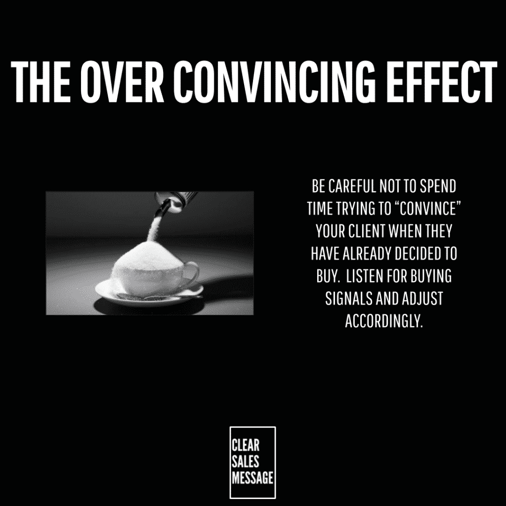 The over convincing effect Black poster with a large title left grayscale image of pouring sugar right side a buying signal message bottom center logo reading clear sales message