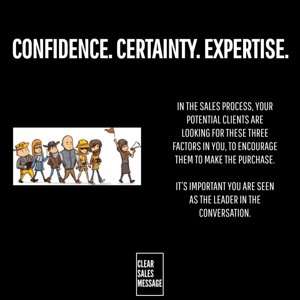 Slide with bold white headline on black right side sales text left a cartoon crowd and a clear sales message logo bottom center