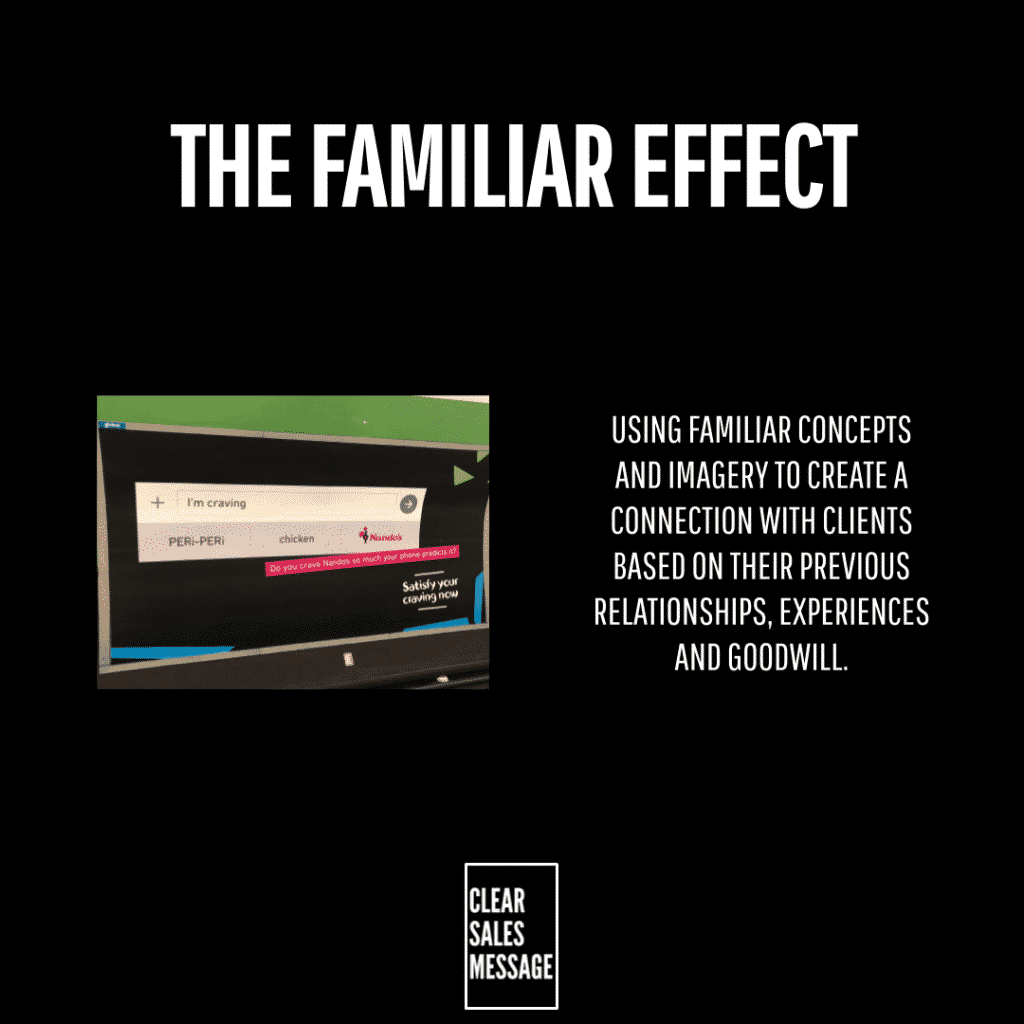 Slide titled the familiar effect on a black background left shows a computer monitor with a mock checkout screen right displays a bold text block about using familiar concepts to connect with clients small clear sales message logo at bottom
