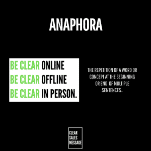 Slide on a black background titled anaphora left shows three lines be clear onlineofflinein person in green right defines repetition bottom center shows clear sales message logo
