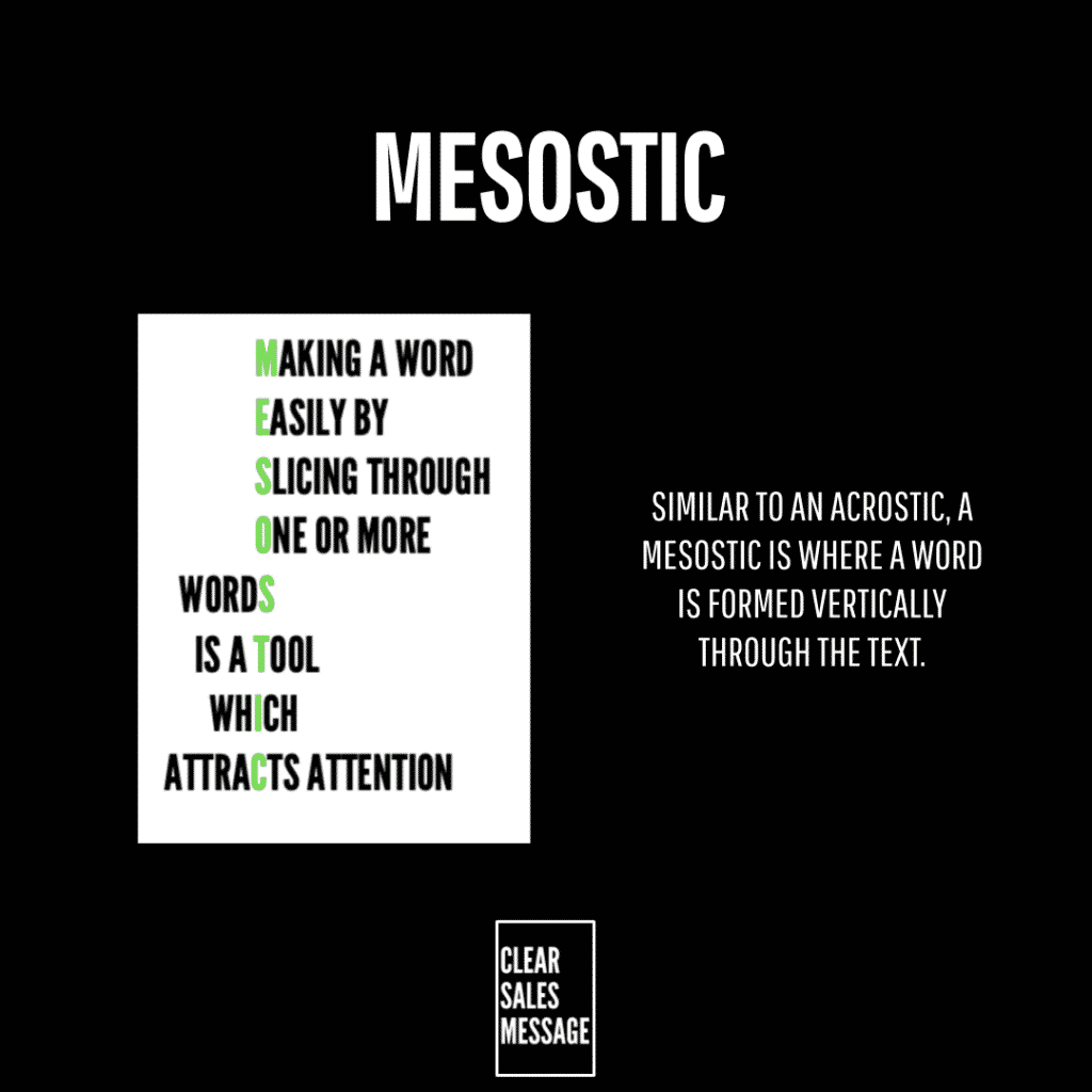 Black page with a white poster showing vertical green letters spelling mesostic tool text to the right and a small bordered clear sales message button below