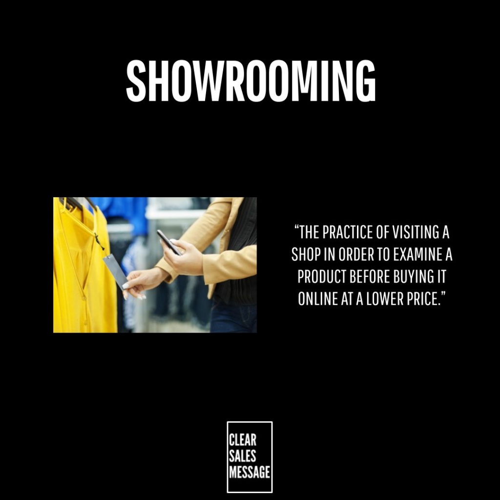 Showrooming themed layout bold title at top left shows a shopper using a smartphone near a yellow jacket right displays a quotation about buying online for a lower price logo at bottom