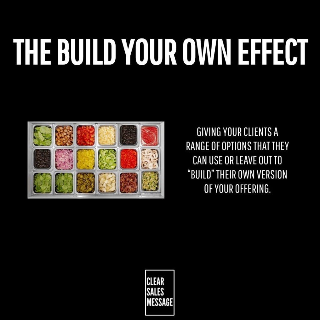 Marketing graphic on black background title the build your own effect with a 24 compartment salad tray and a right side paragraph about letting clients build their own version of your offering