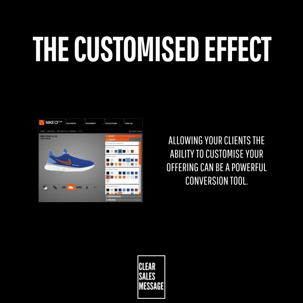 The customised effect Poster style image bold white title the customised effect on black nike id design tool screenshot left explanatory text on the right about customization and a white outlined clear sales message badge bottom