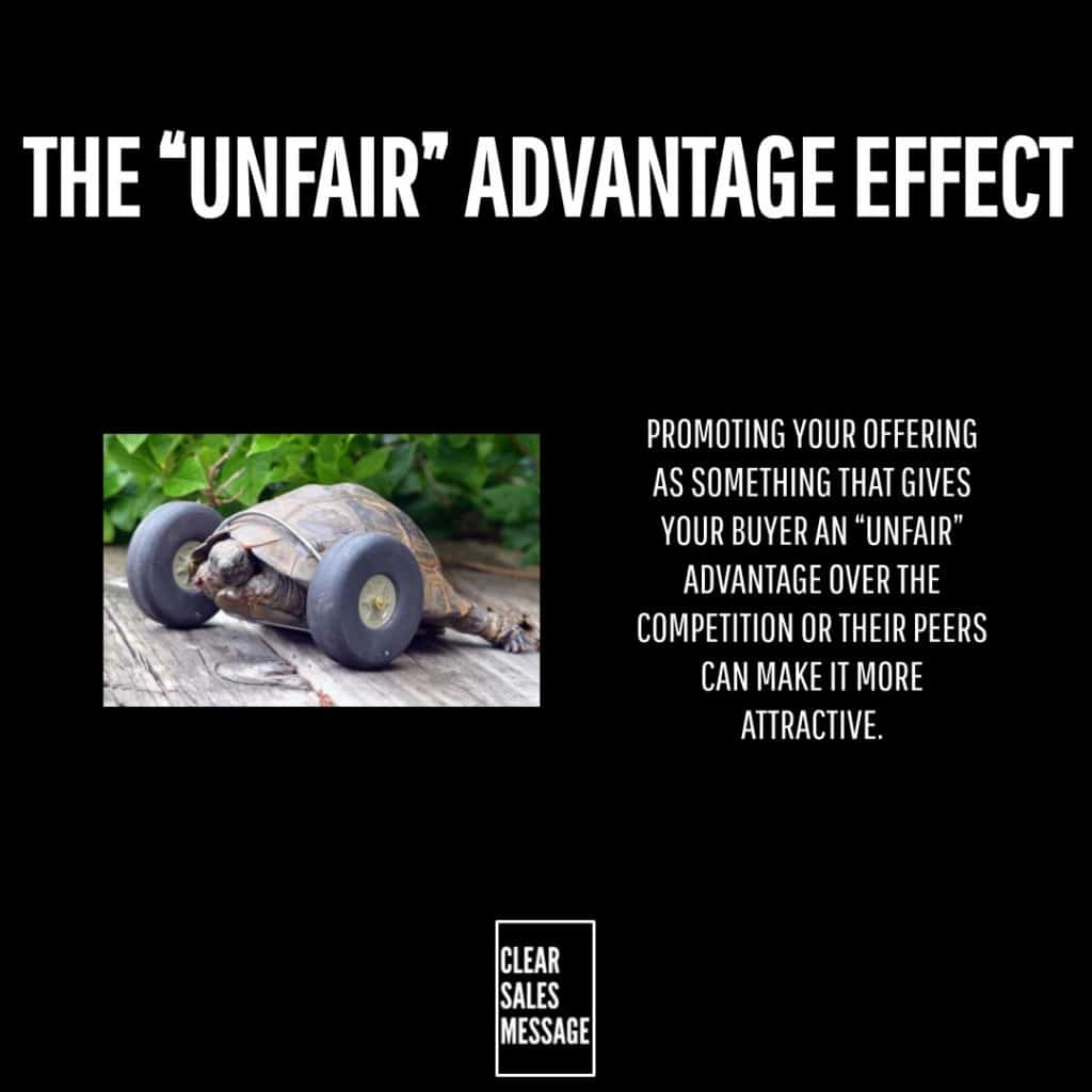 Informational graphic title the unfair advantage effect with a turtle on a small skateboard on the left explanatory text on the right and a clear sales message logo at the bottom