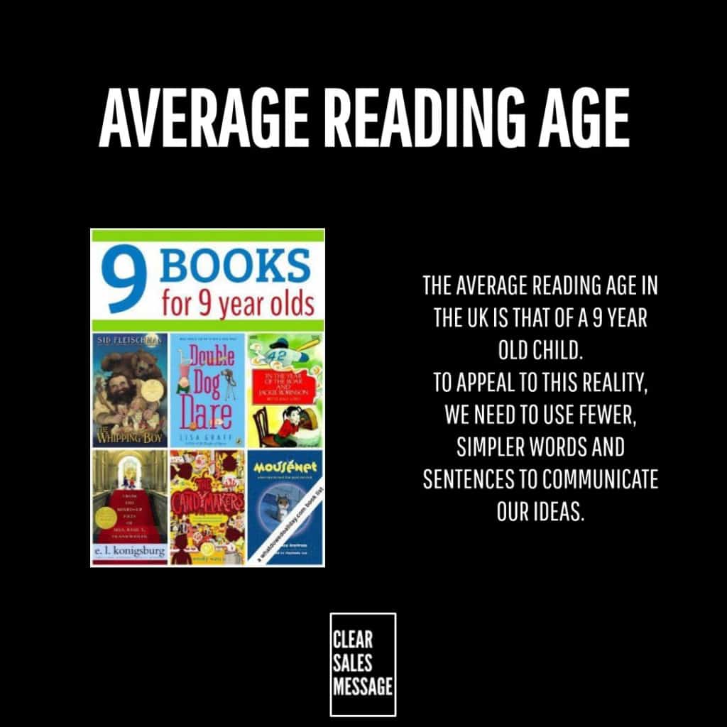 Poster on black background heading average reading age left shows a colorful collage book cover titled 9 books for 9 year olds right pane has a block of white text about uk reading age and simpler wording bottom small clear sales message logo