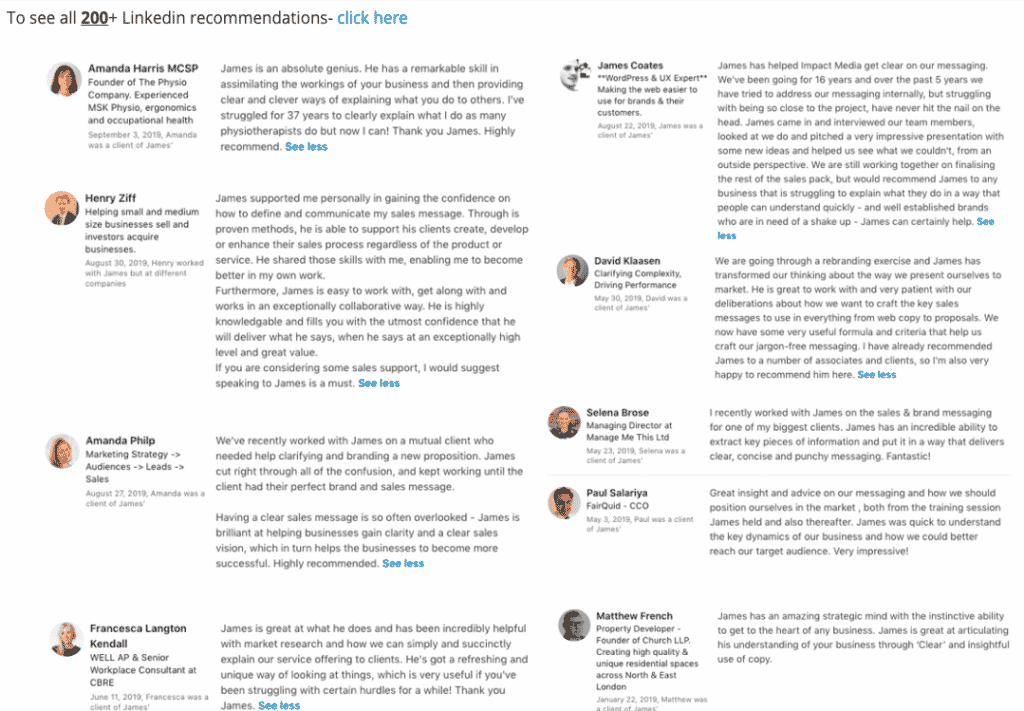 Collage of linkedin recommendations and testimonials from multiple colleagues