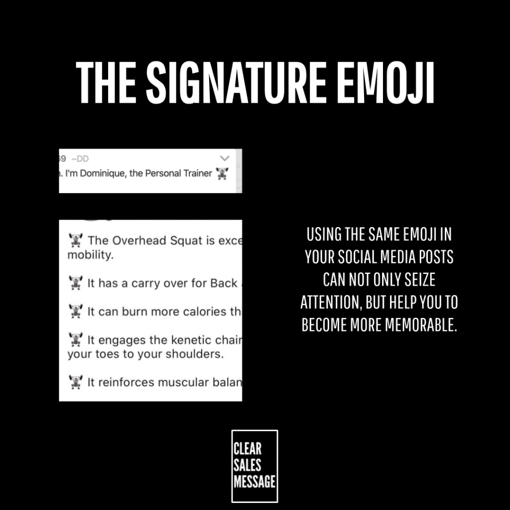 The signature emoji Black poster titled the signature emoji showing two social post screenshots on the left and a right side tip about using the same emoji to make posts memorable small clear sales message logo at bottom center