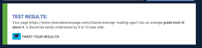 Panel labeled test results showing readability grade level about 4 designed to be understood by 910 year olds includes a tweet your results  button with a twitter icon