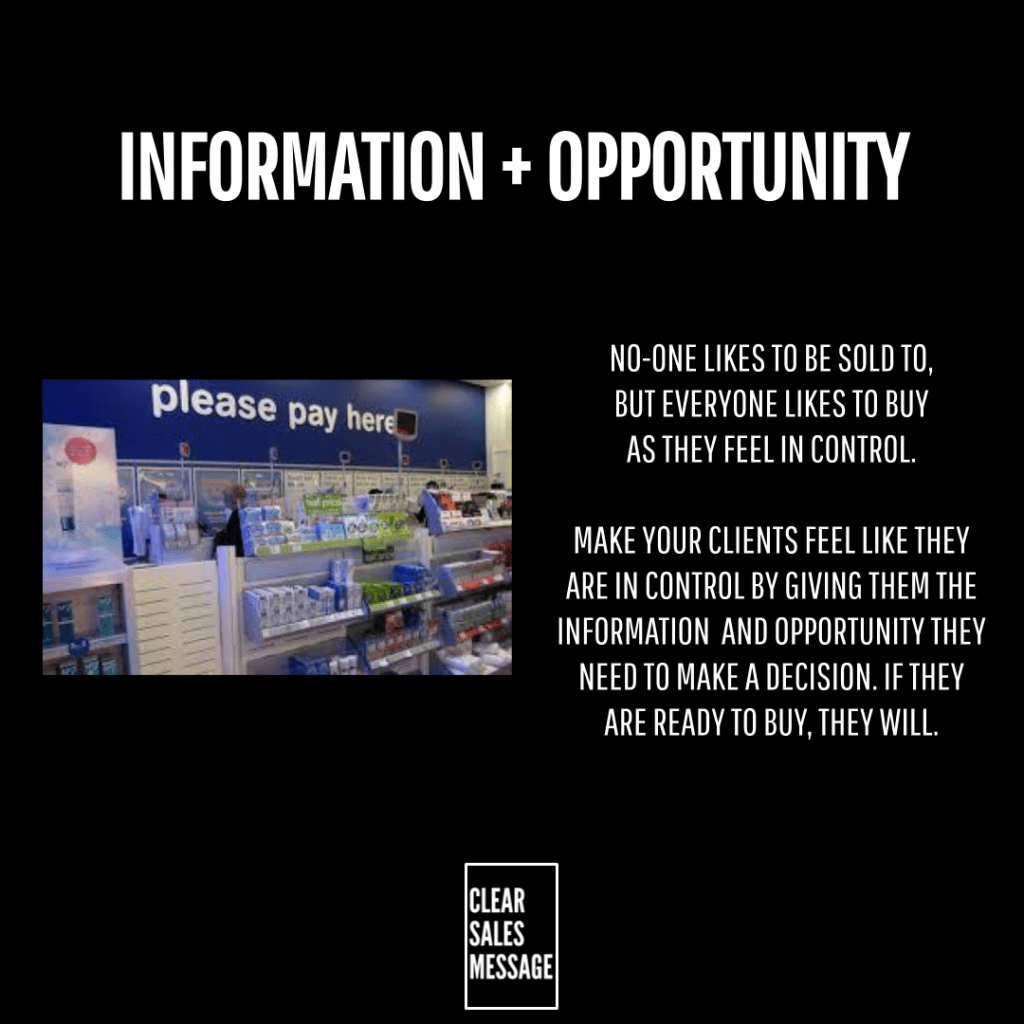 Information + opportunity Black slide with information + opportunity left checkout counter photo right text about informing buyers logo at bottom