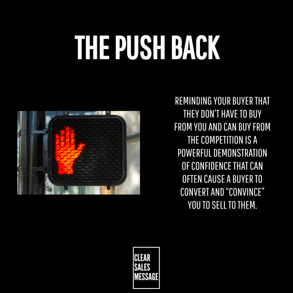 Black poster with the push back title red stop hand image on the left text on the right about buyers and competition and a clear sales message logo at the bottom