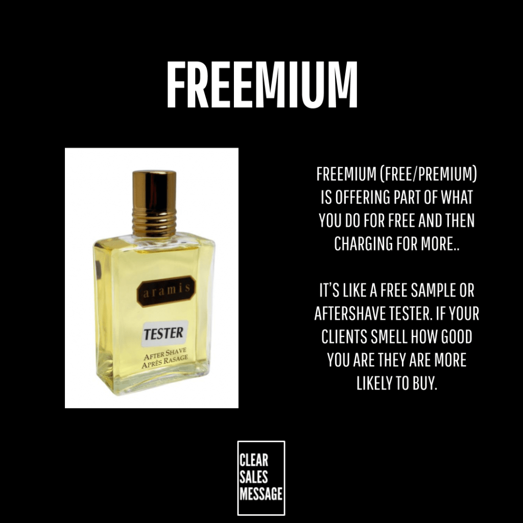 Freemium 1 Freemium slide bold freemium heading perfume tester bottle on the left two paragraph explanation about freemium on the right small clear sales message box at bottom