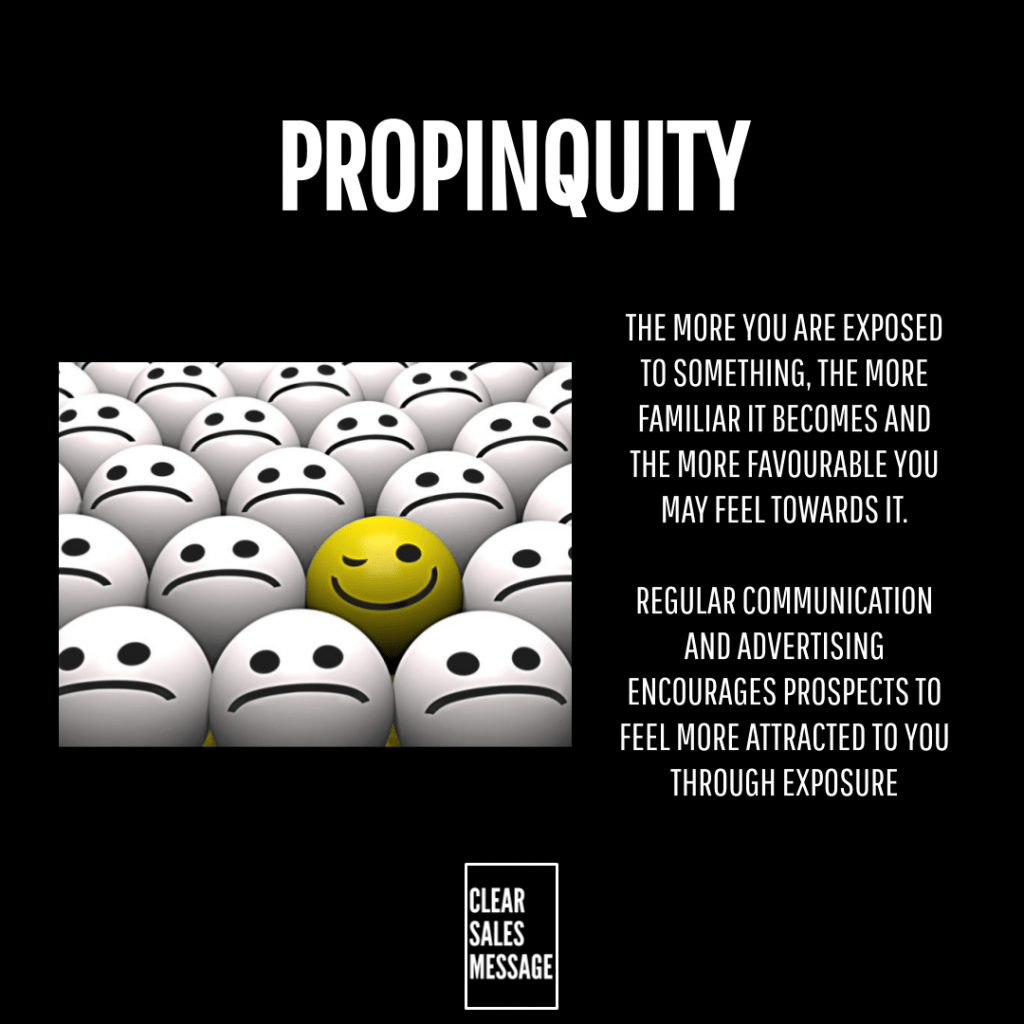 Propinquity concept slide with a yellow smiling face among gray frowning faces plus right side marketing text about exposure and trust bottom badge says clear sales message