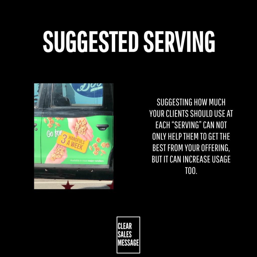 Slide titled suggested serving left photo of a green van advertisement right column explains suggesting serving sizes to boost usage