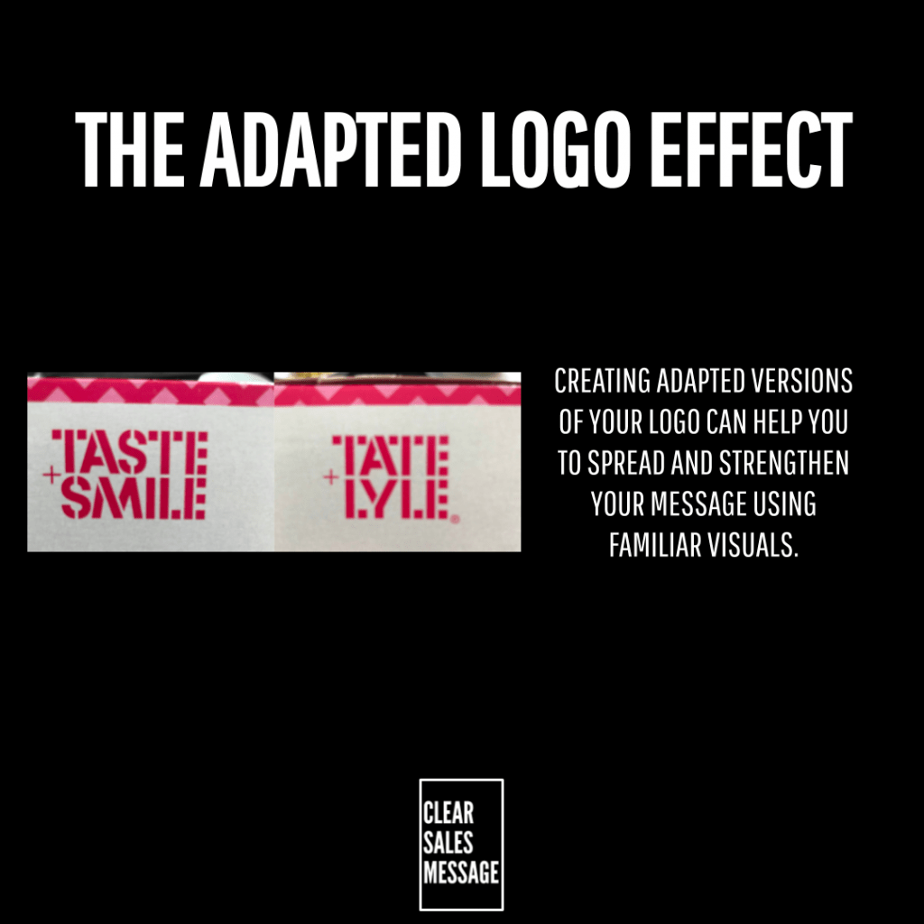 Slide about the adapted logo effect showing a pink taste smile strip on the left and a right side explanation about logo versions on a black background