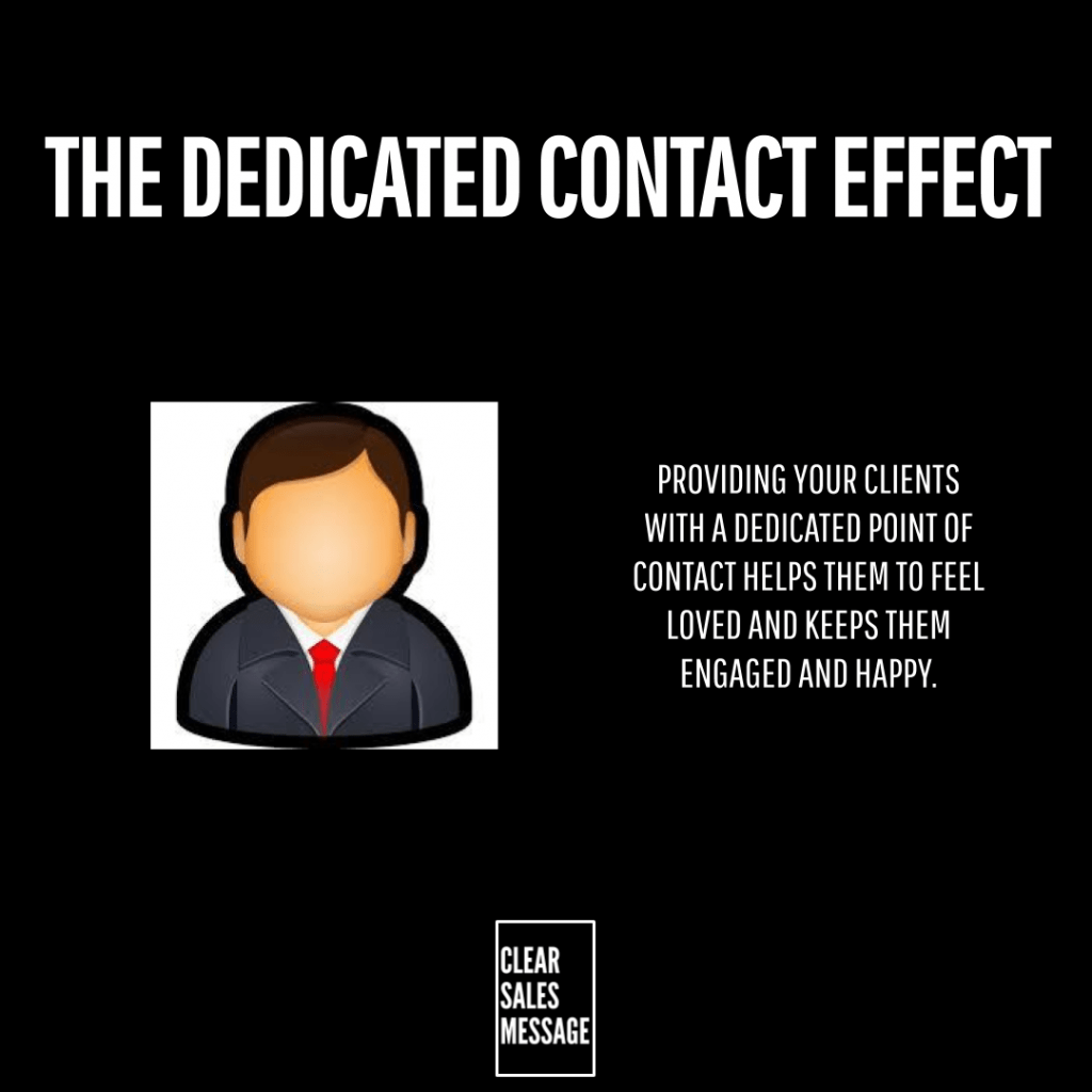 The dedicated contact effect Black marketing banner reading the dedicated contact effect with a cartoon businessperson icon on the left supporting text on the right and a small clear sales message logo bottom center