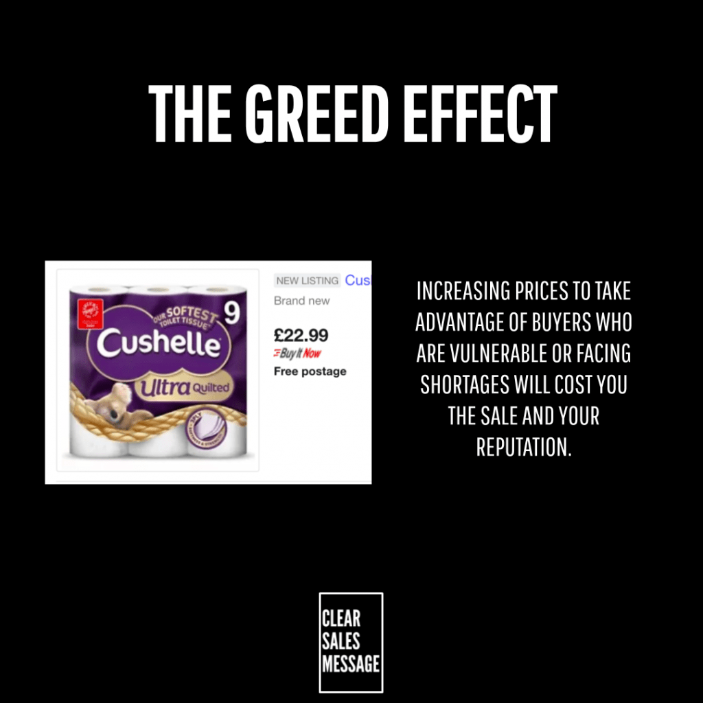 The greed effect 1 Black poster with title the greed effect left shows a cushelle toilet tissue image with £22 99 price right contains text about rising prices and impact on buyers reputations